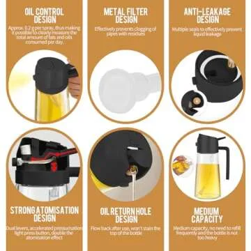 SWEET VIEW Oil Sprayer for Cooking, 16oz/470ml 2 In 1 Glass Olive Oil Sprayr & pourer for Kitchen, Air Fryer, Cooking, Salad, BBQ (Black)