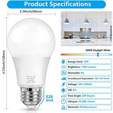 MAXvolador A19 LED Light Bulbs, 100 Watt Equivalent, Daylight White 5000K, 1500LM, E26 Base, Non-Dimmable, 13W Bright White Bulb, 20-Pack