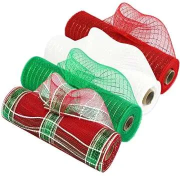 HUIHUANG Christmas Deco Mesh Metallic Foil Red White Green Deco Mesh Ribbon Decorative Mesh Ribbon for Christmas Tree Wreaths Swag Garland Bows Basket Crafts Wrapping Supplies -10" X 4 Rolls