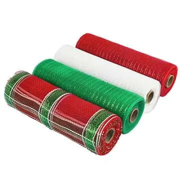 HUIHUANG Christmas Deco Mesh Metallic Foil Red White Green Deco Mesh Ribbon Decorative Mesh Ribbon for Christmas Tree Wreaths Swag Garland Bows Basket Crafts Wrapping Supplies -10" X 4 Rolls