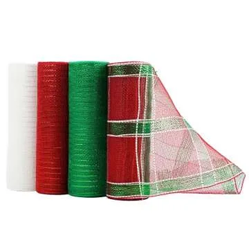 HUIHUANG Christmas Deco Mesh Metallic Foil Red White Green Deco Mesh Ribbon Decorative Mesh Ribbon for Christmas Tree Wreaths Swag Garland Bows Basket Crafts Wrapping Supplies -10" X 4 Rolls
