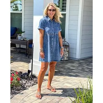 LookbookStore Women Denim Dress for Summer Babydoll Jean Dress Button Down Short Sleeve Denim Dress Tiered Flowy Dress Loose Jean Dress Reef Blue Denim Babydoll Dress Size S Size 4 6