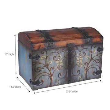 Household Essentials Vintage Wood Storage Trunk, Large, Blue Body/Brown Lid/Floral Design
