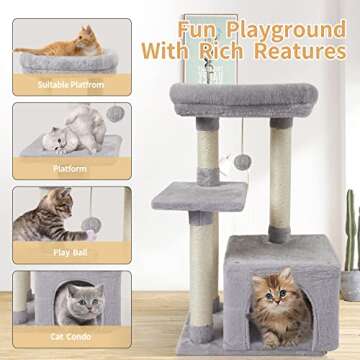 FISH&NAP Cute Cat Tree Kitten Cat Tower for Indoor Cat Condo Sisal Scratching Posts with Jump Platform Cat Furniture Activity Center Play House Grey