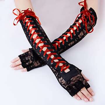 JISEN Womens Fingerless Gloves Elbow Lace Up steampunk Costume Arm Warmer Nylon Red