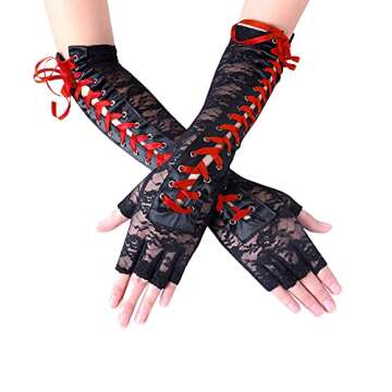 JISEN Womens Fingerless Gloves Elbow Lace Up steampunk Costume Arm Warmer Nylon Red