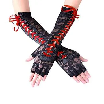 JISEN Womens Fingerless Gloves Elbow Lace Up steampunk Costume Arm Warmer Nylon Red