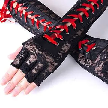 JISEN Womens Fingerless Gloves Elbow Lace Up steampunk Costume Arm Warmer Nylon Red