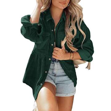 Ashuai Womens Corduroy Peplum Shacket Jacket Long Sleeve Button Down Babydoll Shirts Oversized Casua...