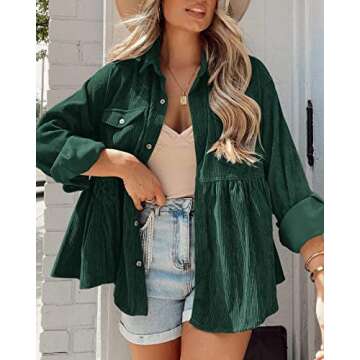 Ashuai Womens Corduroy Peplum Shacket Jacket Long Sleeve Button Down Babydoll Shirts Oversized Casual Blouses Tops