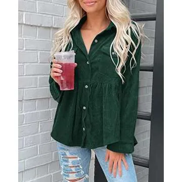 Ashuai Womens Corduroy Peplum Shacket Jacket Long Sleeve Button Down Babydoll Shirts Oversized Casual Blouses Tops