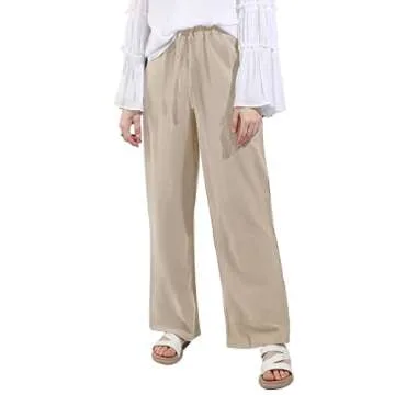 utcoco Women's Cotton Linen Drawstring High Waisted Pants Casual Loose Fit Wide Leg Trousers (M, Kha...