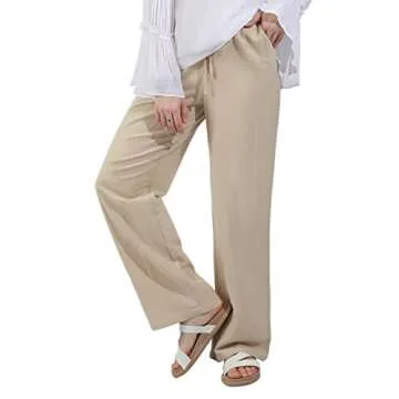 utcoco Women's Cotton Linen Drawstring High Waisted Pants Casual Loose Fit Wide Leg Trousers (M, Khaki)