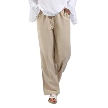 utcoco Women's Cotton Linen Drawstring High Waisted Pants Casual Loose Fit Wide Leg Trousers (M, Khaki)