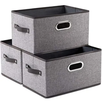 PRANDOM Large Foldable Storage Bins [3-pack] - Stylish Linen Fabric Baskets with Metal Handles