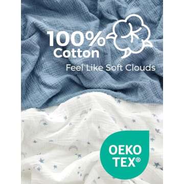 Momcozy Muslin Fitted Mini Crib Sheets, 38''x26'', 2 Pack Soft Breathable Natural Cotton Baby Mattress Sheet, 360° Mattress Wrapping No Slip Boys Girls Neutral Toddler Bed Sheet, Blue Star Moon