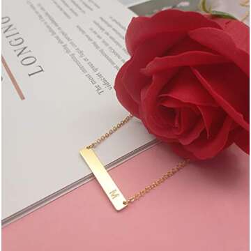 MOMOL Bar Pendant Initial Necklace 18K Gold Plated Stainless Steel Bar Necklace Dainty Delicate Initial Necklace Simple Personalized Name Letter M Necklace for Women
