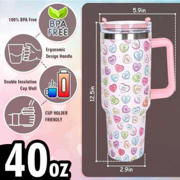Whaline 40oz Valentine Tumbler with Handle Straw and Lid Love Heart Travel Coffee Tumbler Cup for Wo...