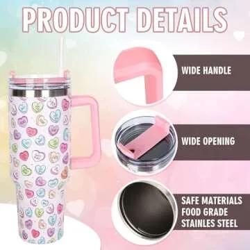 Whaline 40oz Valentine Tumbler with Handle Straw and Lid Love Heart Travel Coffee Tumbler Cup for Women Girlfriend Besties Wife Lover Spouse Gifts
