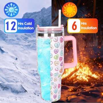 Whaline 40oz Valentine Tumbler with Handle Straw and Lid Love Heart Travel Coffee Tumbler Cup for Women Girlfriend Besties Wife Lover Spouse Gifts
