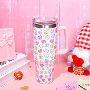 Whaline 40oz Valentine Tumbler with Handle Straw and Lid Love Heart Travel Coffee Tumbler Cup for Women Girlfriend Besties Wife Lover Spouse Gifts