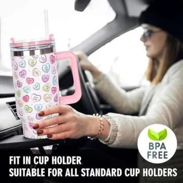 Whaline 40oz Valentine Tumbler with Handle Straw and Lid Love Heart Travel Coffee Tumbler Cup for Women Girlfriend Besties Wife Lover Spouse Gifts