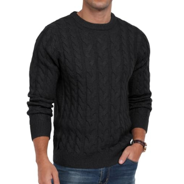 Askdeer Men's Chunky Cable Knit Crewneck Pullover Sweater - Classic Black