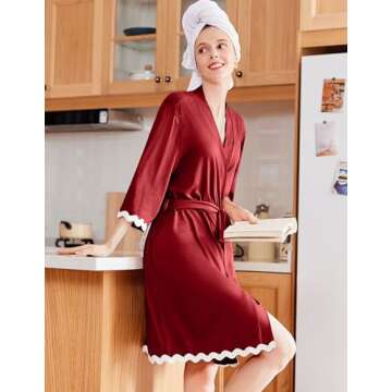 Ekouaer Women Kimono Robe 3/4 Sleeves Loungewear Dress Knee Length Sleepwear Pockets Housecoat Short Bathrobe