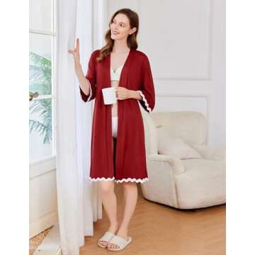 Ekouaer Women Kimono Robe 3/4 Sleeves Loungewear Dress Knee Length Sleepwear Pockets Housecoat Short Bathrobe