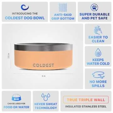 Coldest Dog Bowl - Anti Rust Metal & Non Slip Dog Bowls Large, Spill Proof Heavy Duty 3 Layers Insulated Dog Bowl - Food and Water Bowl for Dogs, Cats & Pets, Dishwasher Safe (64 oz, Sahara Peach)