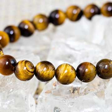 DAZCOLO Handmade Gem Bracelet 7.5" Stretch Gemstone 8mm Round Beads Crystals Quartz Unisex (Golden Tiger Eye)