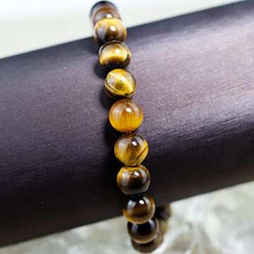 DAZCOLO Handmade Gem Bracelet 7.5" Stretch Gemstone 8mm Round Beads Crystals Quartz Unisex (Golden Tiger Eye)