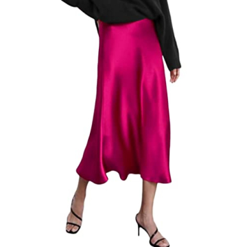 Elegant Zeagoo Women’s Satin Midi Skirt - High Waist Long Skirt in Rose