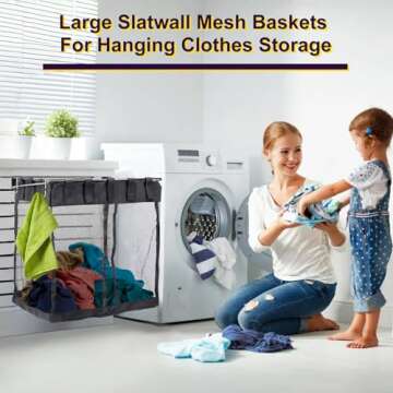 2 Packs Mesh Slatwall Baskets, 16x16x12 Inch Large Slat Wall Mesh Baskets with 4 Hooks, 13.3 Gallon Mounted Hanging Slatwall Baskets for Shop Garage Gym Toy Display Storage Panel Accessories