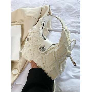 Verdusa Women's Frayed Trim Denim Satchel Handbag Hobo Crossbody Bag Mini Purse White one-size