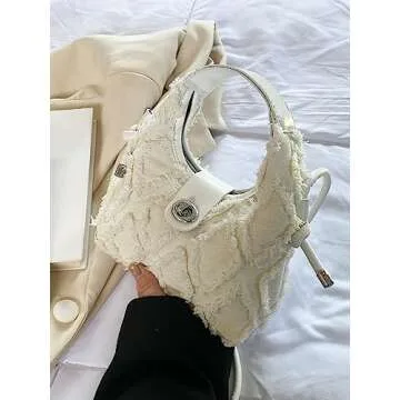 Verdusa Women's Frayed Trim Denim Satchel Handbag Hobo Crossbody Bag Mini Purse White one-size