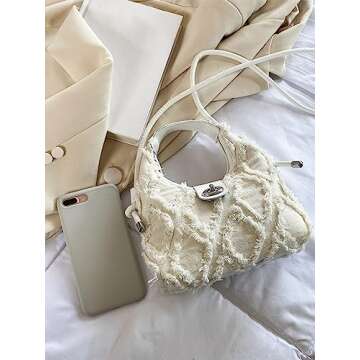 Verdusa Women's Frayed Trim Denim Satchel Handbag Hobo Crossbody Bag Mini Purse White one-size