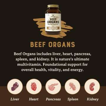 HEART & SOIL Beef Organs Complex — Grass Fed Liver, Heart, Kidney, Pancreas, and Spleen for Complete Nose to Tail Nutrition (180 Capsules)