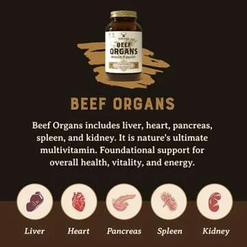 HEART & SOIL Beef Organs Complex — Grass Fed Liver, Heart, Kidney, Pancreas, and Spleen for Complete Nose to Tail Nutrition (180 Capsules)