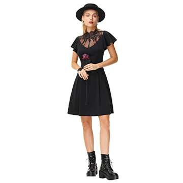 Women's Black Skater Dress Retro Ruffle Cap Sleeve Dark Queen Gothic Black L
