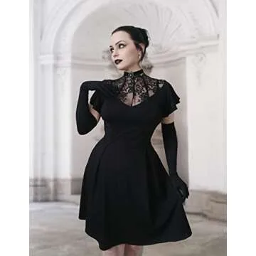 Women's Black Skater Dress Retro Ruffle Cap Sleeve Dark Queen Gothic Black L