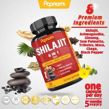 Papnami Shilajit Himalayan Supplement for Men & Women - 150 Capsules Combined Ashwagandha, Ginseng, Saw Palmetto, Maca, Tribulus, Chaga & Black Pepper - Vitality Energy and Immune Supports