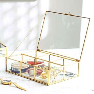 Golden Vintage Glass Box Clear Glass & Brass Metal Storage Jewelry and Cosmetic Makeup Lipstick Hold...