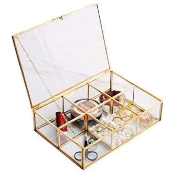 Golden Vintage Glass Box Clear Glass & Brass Metal Storage Jewelry and Cosmetic Makeup Lipstick Holder Organizer Beauty Display, 6 Compartment