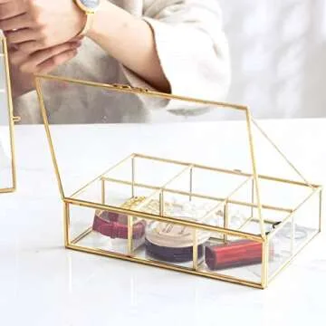 Golden Vintage Glass Box Clear Glass & Brass Metal Storage Jewelry and Cosmetic Makeup Lipstick Holder Organizer Beauty Display, 6 Compartment