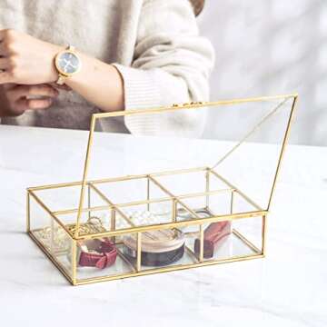 Golden Vintage Glass Box Clear Glass & Brass Metal Storage Jewelry and Cosmetic Makeup Lipstick Holder Organizer Beauty Display, 6 Compartment