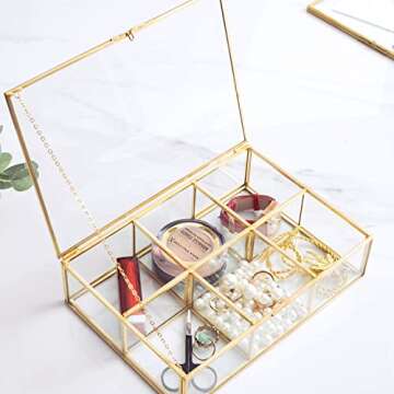 Golden Vintage Glass Box Clear Glass & Brass Metal Storage Jewelry and Cosmetic Makeup Lipstick Holder Organizer Beauty Display, 6 Compartment