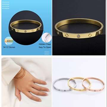 PDWZNBA 18K Gold Plated Love Friendship Bracelets with CZ Stones Trendy Stainless Steel Bangle Jewelry
