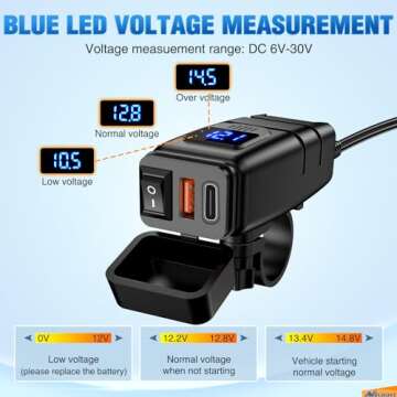 Nilight Motorcycle Charger with USB Type C Port 12V Voltmeter Independent On Off Switch SAE Inline 10A Fuse Waterproof 6.8A QC3.0 Fast Charging Phone Tablet for 7/8inch Handlebar