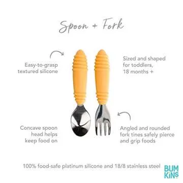 Bumkins Toddler Utensils, Kids Size Fork and Spoon Set, Silicone and Stainless-Steel Training Silverware, Angled Forks / Sporks for Self-Feeding, Children Learning to Eat, 18 Mos Up, Tangerine Orange